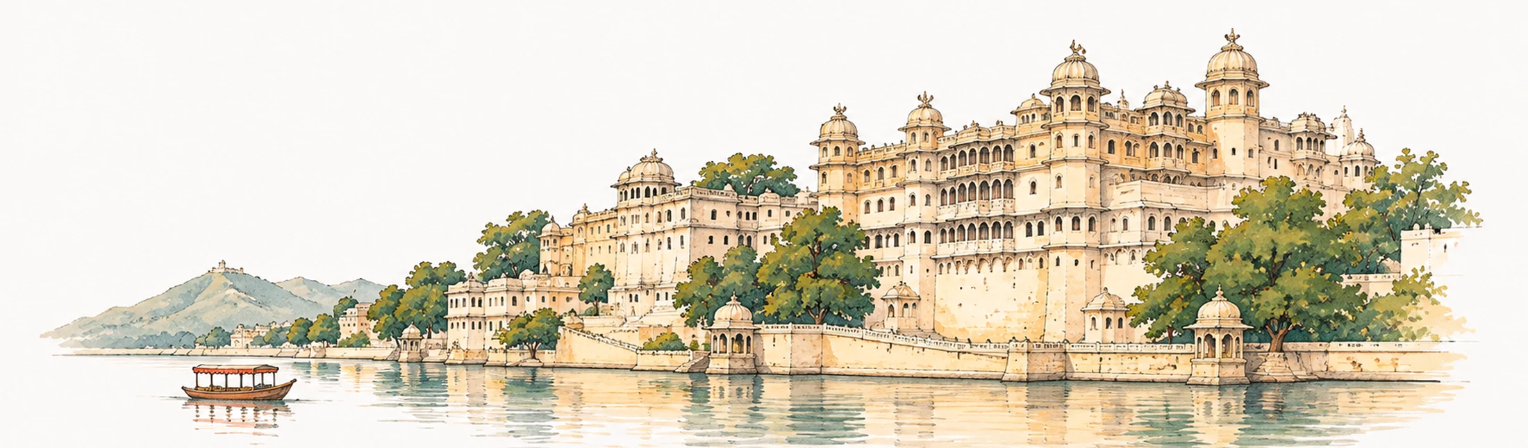 Watercolour of a lakeside palace: domes, terraces and trees mirrored in still water, with a small boat on the left.