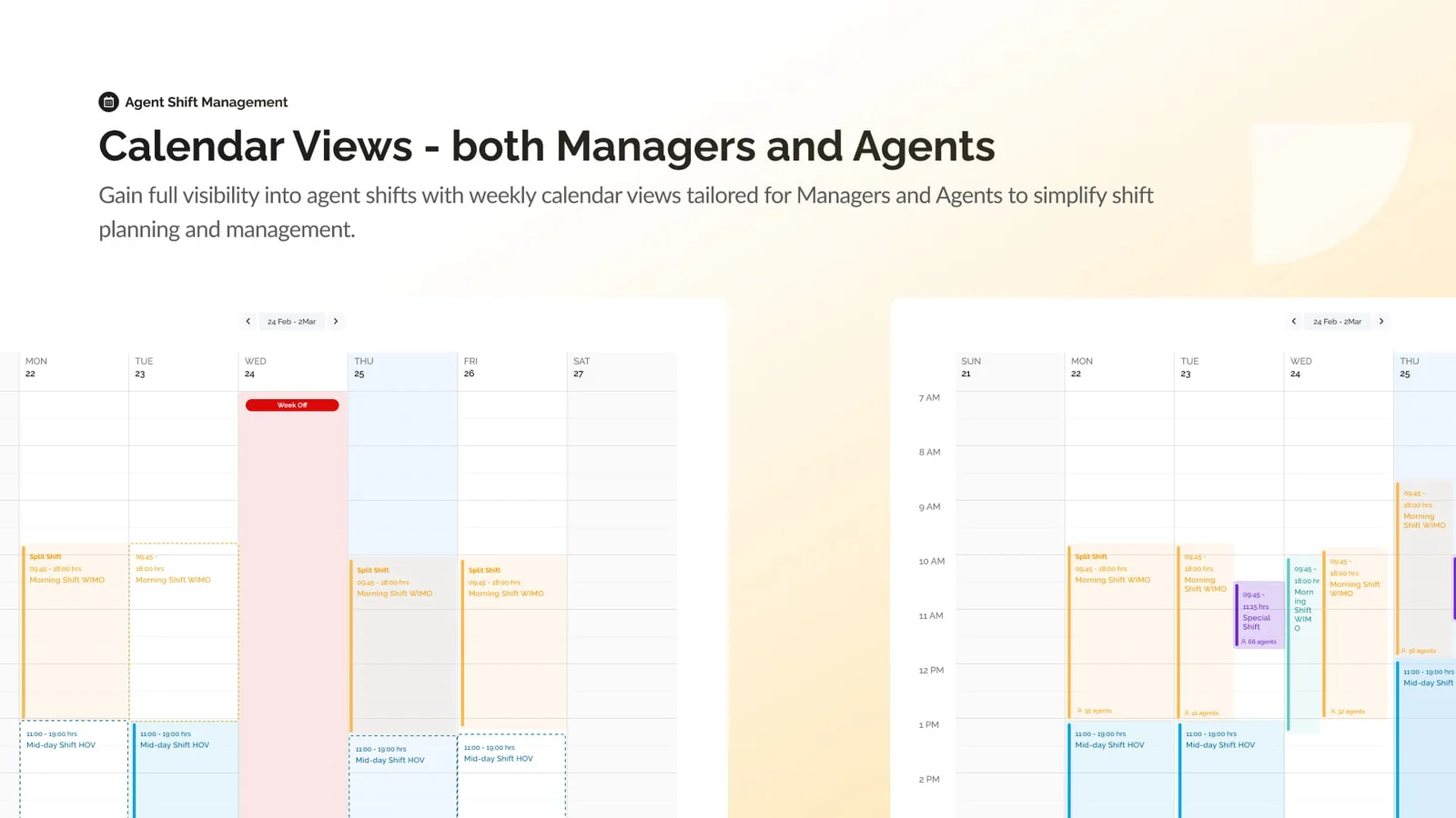 Two weekly calendars side by side: an agent's own week with a week off marked on Wednesday, and a team lead's view of every shift with its headcount underneath.