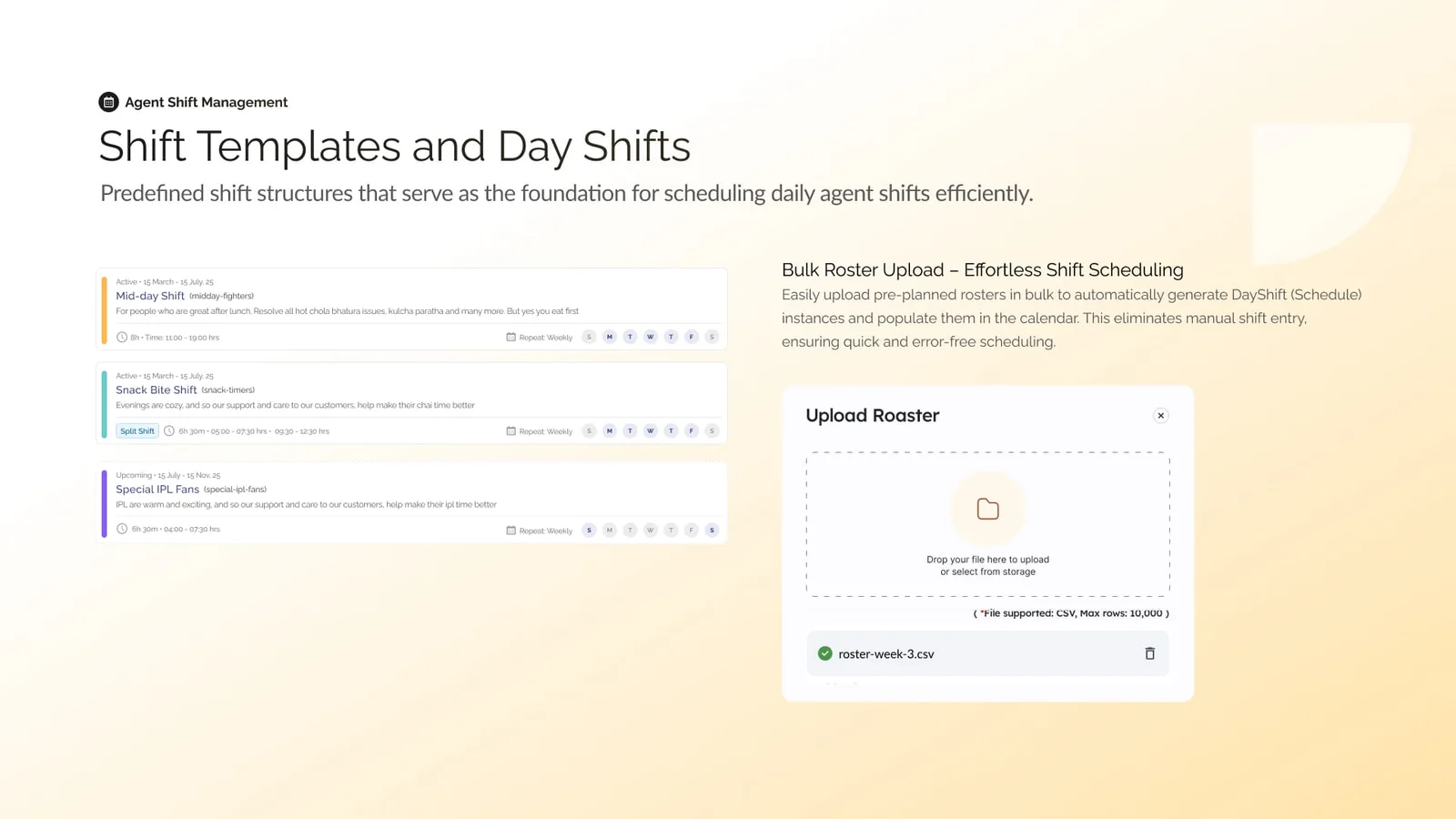 Three shift templates — a mid-day shift, a split-shift evening, and an event shift — beside the bulk roster upload that turns a CSV into a week of scheduled shifts.
