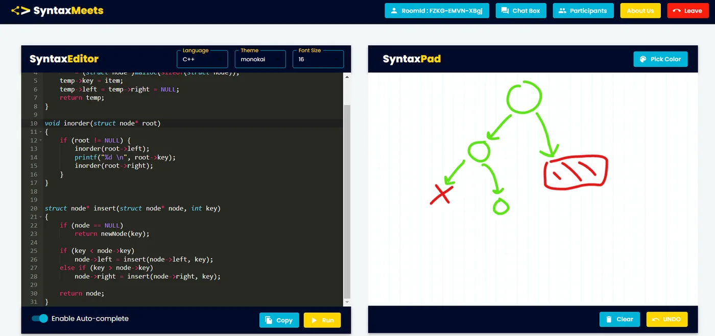 The editor and the drawing pad side by side: C++ on the left, a binary tree sketched on the right.